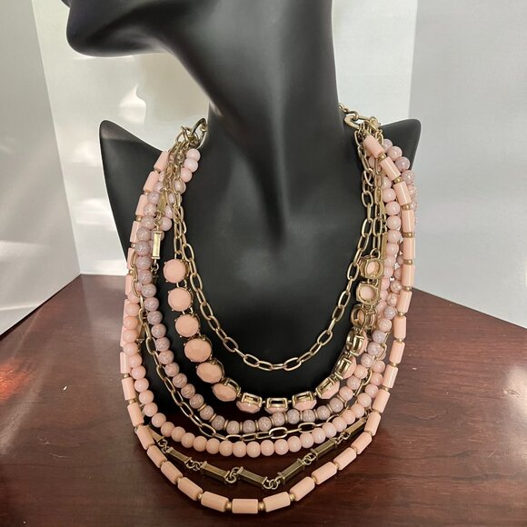 Peach / Light Pink Mixed Metal & Beaded Statement Necklace REALLY CUTE! - Picture 1 of 4